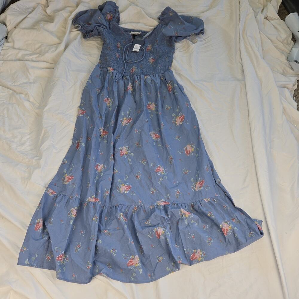 #39 Universal Thread S Blue Pink Floral Smocked Ruffle Puff Sleeve Maxi Dress